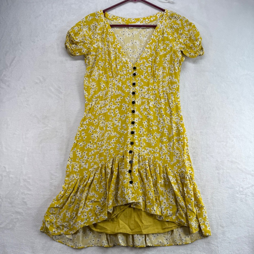 WISH Golden Bloom Dress Floral Button Front Hi-Lo Hem Short Sleeve Size S